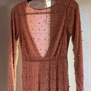 Oh Polly Beaded Long Sleeve Dress in Nude